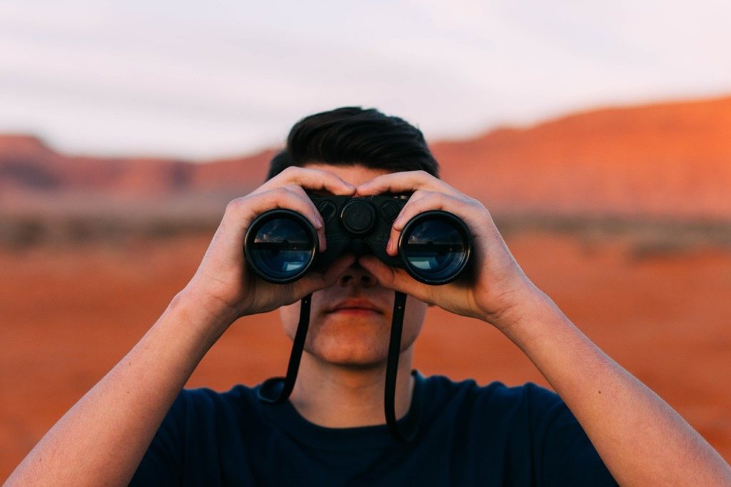 binoculars, looking, man